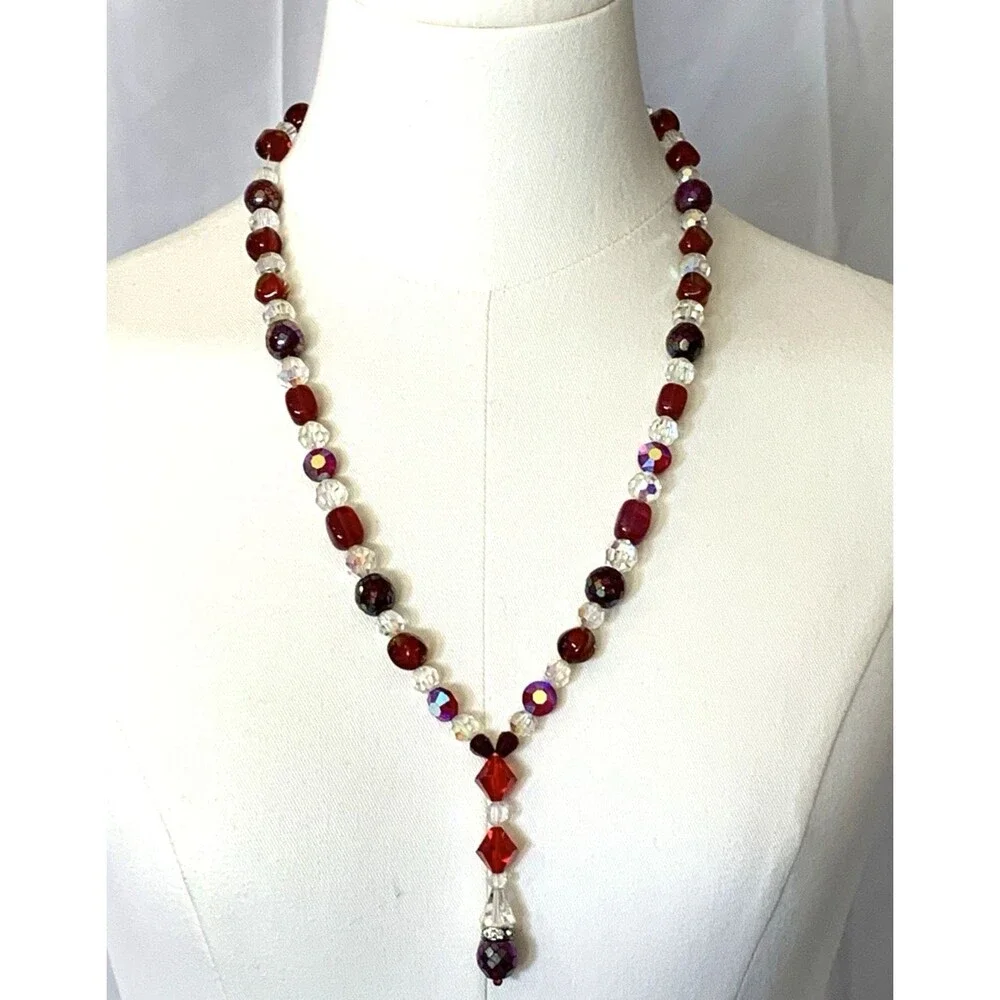 Vintage Red Crystal Beaded Y Drop Necklace Aurora Borealis Mid Century 60s - Picture 2 of 9